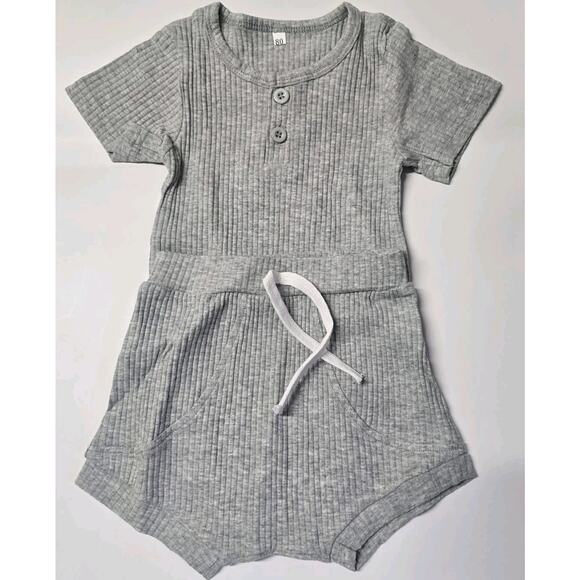 2Pcs Unisex Outfits Suit Solid Color Ribbed‎ Short Sleeves Waist 6-12M - Picture 1 of 13